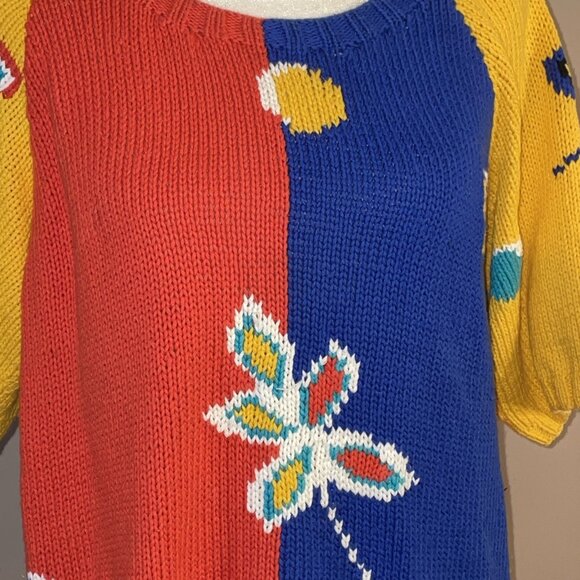 Vtg Marisa Christina Floral Hand Knit Sweater Whimsy Granny Retro Colorblock Lrg - Picture 2 of 8